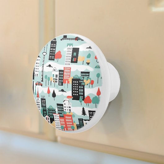 Retro Cityscape Aqua Zwart Rood Keramische Knop