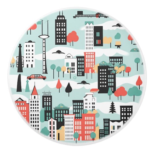 Retro Cityscape Aqua Zwart Rood Keramische Knop (Voorkant)
