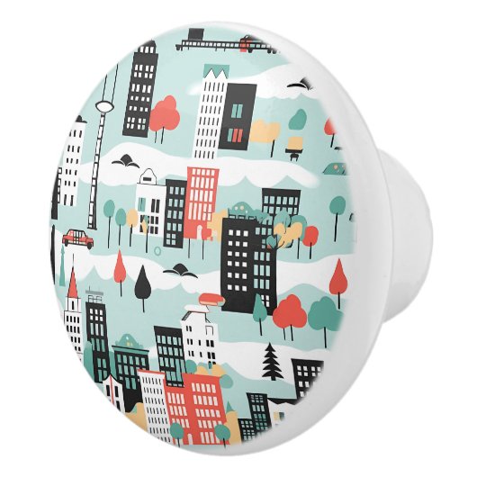 Retro Cityscape Aqua Zwart Rood Keramische Knop (Rechts)