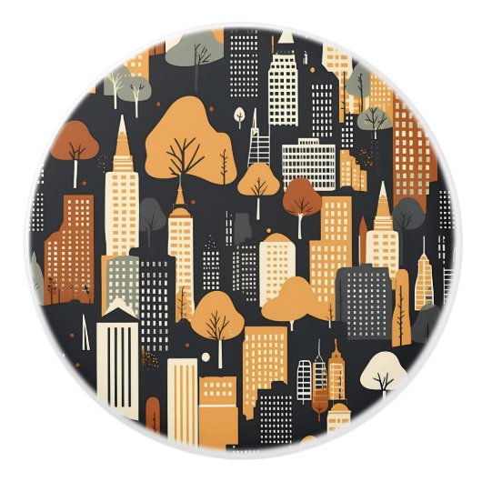 Retro Cityscape Zwart Tan Rust Keramische Knop (Voorkant)