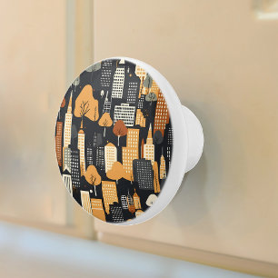 Retro Cityscape Zwart Tan Rust Keramische Knop