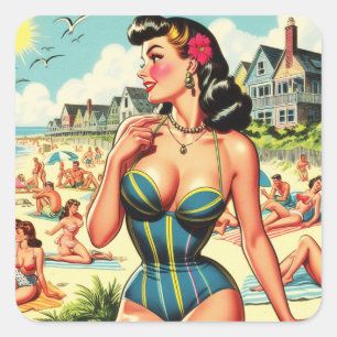 Retro Classic Beach Pin Up Vierkante Sticker