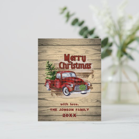 Retro Classic Rustic-kerstrood vrachtwagen Feestdagenkaart (Staand voorkant)