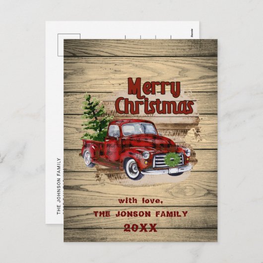 Retro Classic Rustic-kerstrood vrachtwagen Feestdagenkaart (Voorkant / Achterkant)