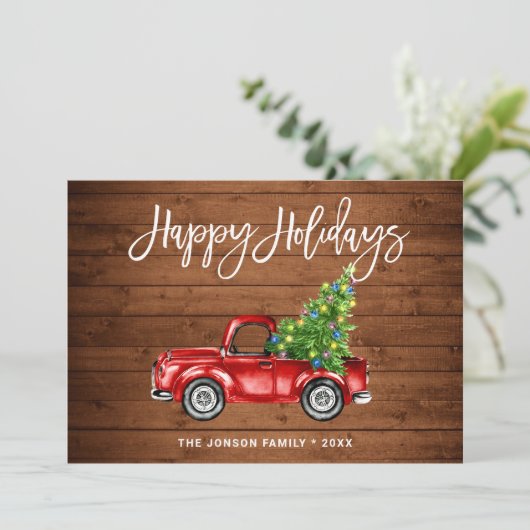 Retro Classic Rustic Red Truck kerstgroet Feestdagenkaart (Staand voorkant)