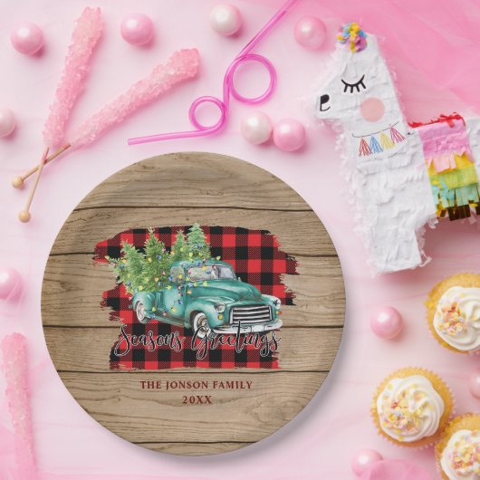 Retro Classic Rustic Wood Merry kerstak Papieren Bordje (Feest)