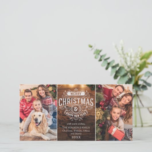 Retro Classic Rustiek Hout Vrolijk Kerstfeest Groe Feestdagenkaart (Staand voorkant)