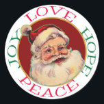 Retro Classic Santa Christmas Hope Vrede Ronde Sticker<br><div class="desc">Een klassiek afbeelding van de traditionele Sinterklaas met zijn rode vacht pet, rossige cheques, twinkelende ogen en witte baard staat centraal in deze Holiday sticker. Het afbeelding van de kerstman is geplaatst op een donkerrode cirkelachtergrond in goud. De tekst in rood en groen rond de witte rand zegt "Love Hope...</div>