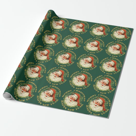 Retro Classic Santa en Wreator Gold Cadeaupapier (Uitgerold)