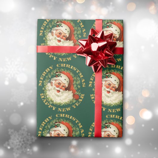 Retro Classic Santa en Wreator Gold Cadeaupapier