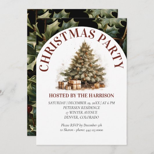 Retro Classic Schattigee Waterverf Gouden Kerstboo Kaart (Voorkant / Achterkant)