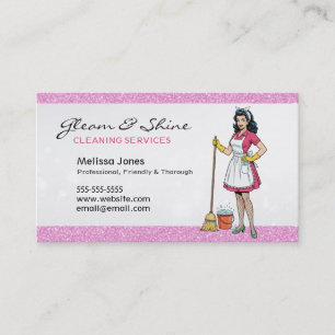 Retro Cleaning Lady Cleaner Roze Faux Glitter Visitekaartje