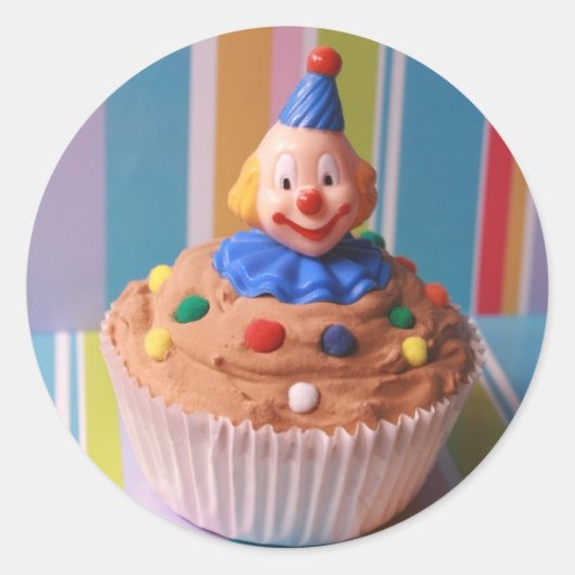 Retro Clown Cupcake Ronde Sticker (Voorkant)