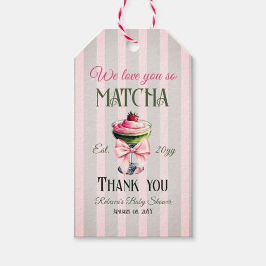 Retro Club Pink Bow Love You Matcha Baby shower Cadeaulabel (Voorkant)