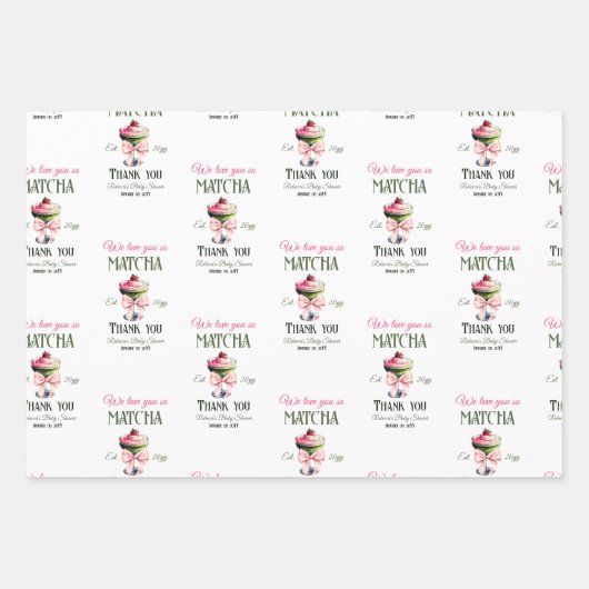 Retro Club Pink Bow Love You Matcha Baby shower Inpakpapier Vel (Voorkant)