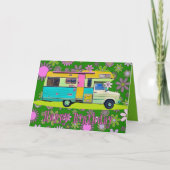 Retro Coach Camper en Mod Flowers Happy Birthday Kaart (Voorkant)