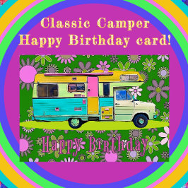 Retro Coach Camper en Mod Flowers Happy Birthday Kaart