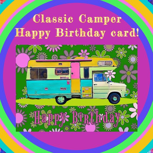 Retro Coach Camper en Mod Flowers Happy Birthday Kaart