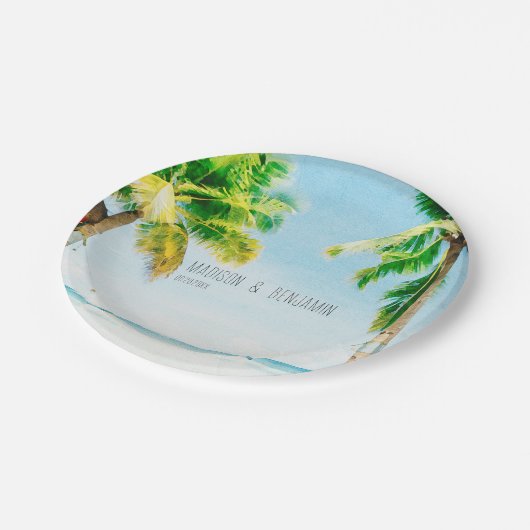 Retro Coastal Beach Palmbomen Tropische bruiloft Papieren Bordje (Gekanteld)