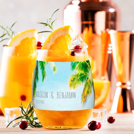 Retro Coastal Beach Palmbomen Tropische bruiloft Wijnglas Zonder Voet