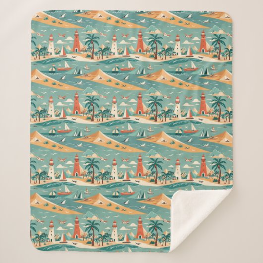 Retro Coastal Lighthouse Sherpa Blanket Deken (Voorkant)