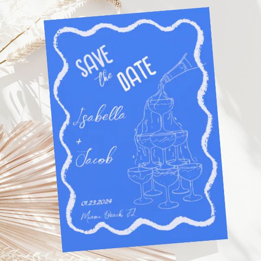 Retro Cobalt Blue Champagne Tower Save the Date Kaart