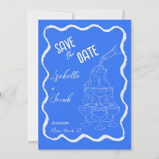 Retro Cobalt Blue Champagne Tower Save the Date Kaart (Voorkant)