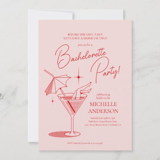 Retro Cocktail Bachelorette Party Uitnodiging (Voorkant)
