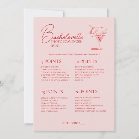 Retro Cocktail Bachelorette Spel Scavenger Hunt Kaart (Voorkant)