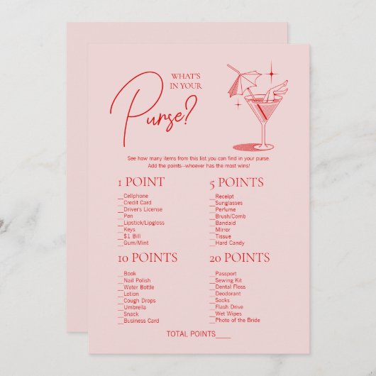 Retro Cocktail Bachelorette Wat zit er in je tas Kaart (Voorkant / Achterkant)