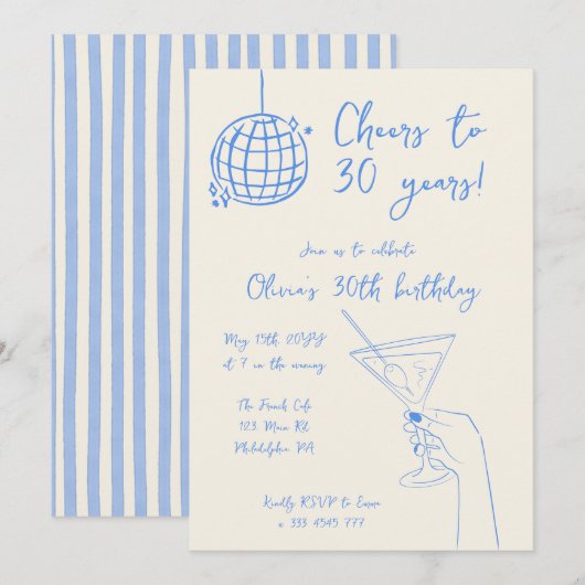 Retro Cocktail Birthday Party striped invitation Kaart (Voorkant / Achterkant)
