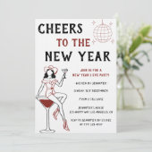 Retro Cocktail Girl Cheers to the New Year Party Kaart (Staand voorkant)