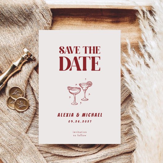 Retro Cocktail Glas Foto Elegante Script Bruiloft Save The Date