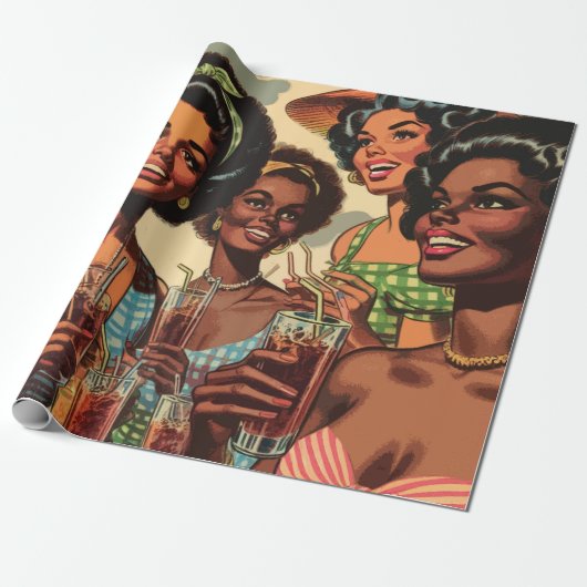 Retro cocktail party meisjes cadeaupapier (Uitgerold)