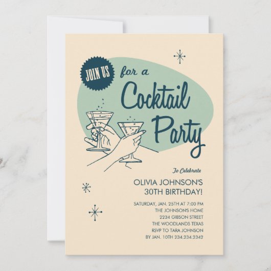 Retro Cocktail Party-uitnodigingen Kaart (Voorkant)