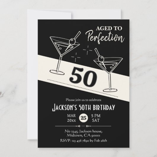 Retro cocktail zwart & wit martini 50ste verjaarda kaart (Voorkant)