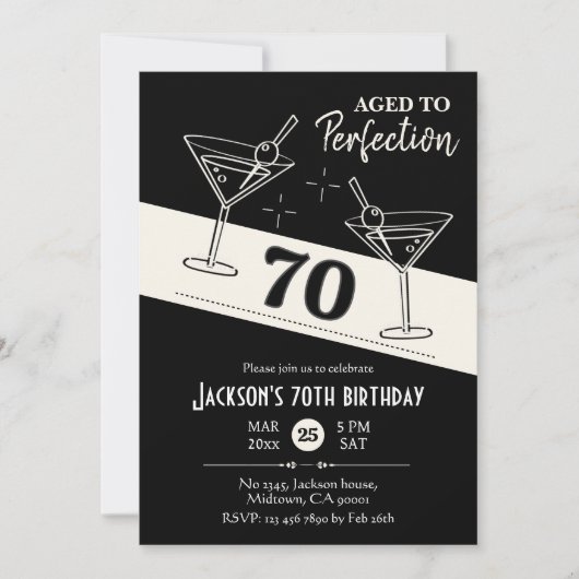 Retro cocktail zwart & wit martini 70ste verjaarda kaart (Voorkant)