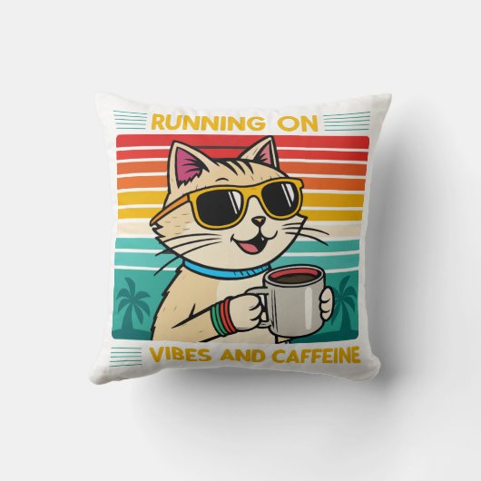 Retro Coffee Cat Vibes – Grappige cafeïne liefhebb Kussen (Achterkant)