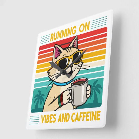 Retro Coffee Cat Vibes – Grappige cafeïne liefhebb Vierkante Klok (Hoek)