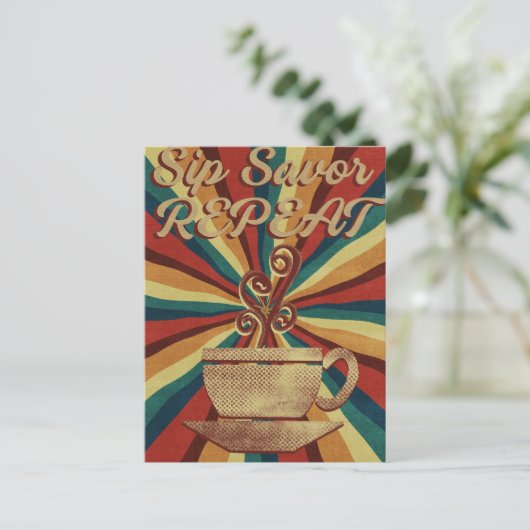 Retro Coffee Quote Poster - Sip Savour Herhaal Briefkaart (Staand voorkant)
