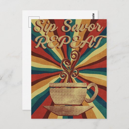 Retro Coffee Quote Poster - Sip Savour Herhaal Briefkaart (Voorkant / Achterkant)
