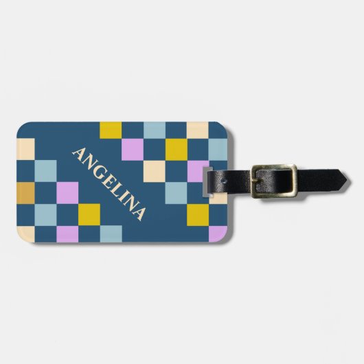 Retro Colorful  Checkered Geometric Custom Name Bagagelabel (Voorkant horizontaal)