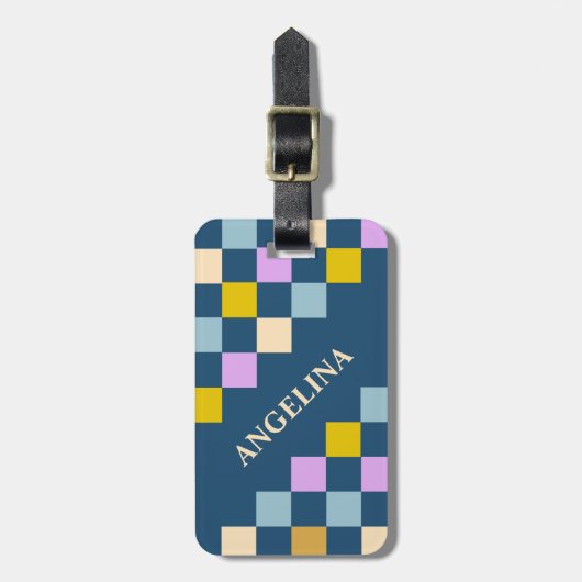 Retro Colorful  Checkered Geometric Custom Name Bagagelabel (Voorkant verticaal)