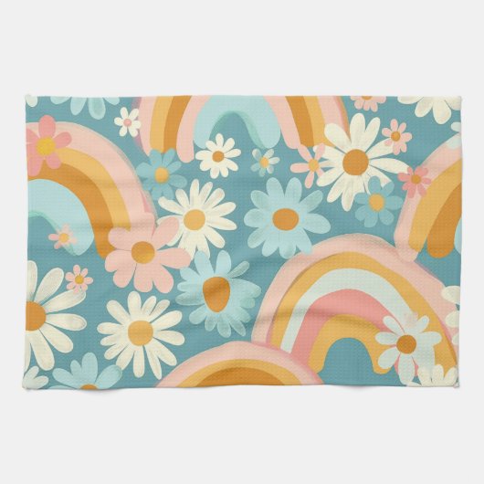 Retro Colorful Daisy's And Rainbows  Theedoek (Horizontaal)