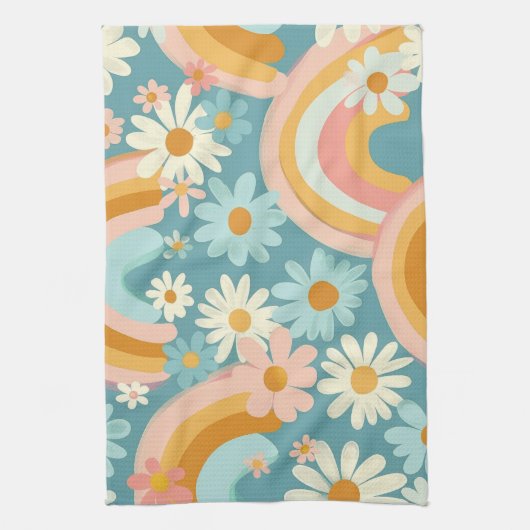 Retro Colorful Daisy's And Rainbows  Theedoek (Verticaal)