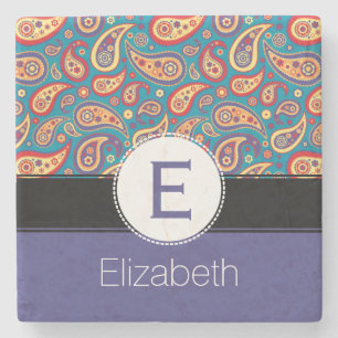 Retro Colorful Paisley Monogram en Name Pattern Stenen Onderzetter