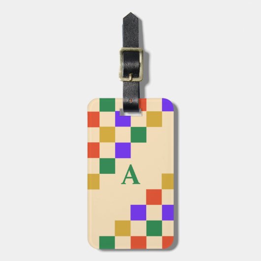 Retro Colorful  Squares Geometric Monogram Bagagelabel (Voorkant verticaal)