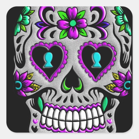 Retro Colorful Sugar Skull Vierkante Sticker (Voorkant)