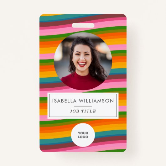 Retro Colorful Wavy Stripes Cute Employee Photo ID Badge (Voorkant)
