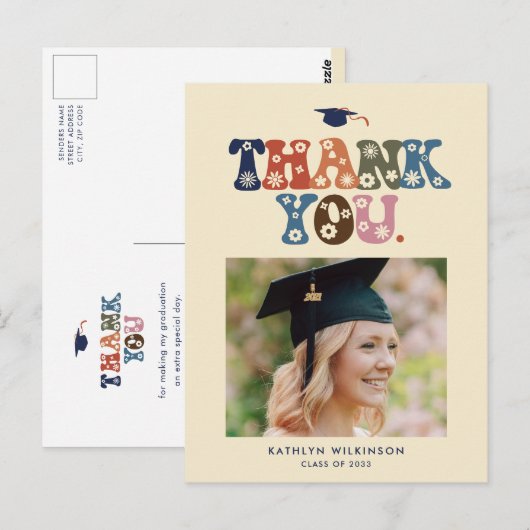 Retro Colour Typografie Foto Afstuderen Dank u Briefkaart (Voorkant / Achterkant)